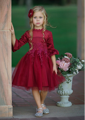 Bell Sleeve Lace Tulle Flower Girl Dress Holiday Dress